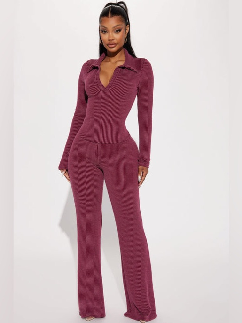 NWT Fashion Nova Josie Ribbed Long Sleeve Set in Burgundy Size Large $34.99